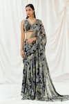 Buy_Redpine Designs_Black Viscose Georgette Sequins V-neck Printed Pre-draped Saree With Blouse _at_Aza_Fashions