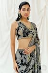 Redpine Designs_Black Viscose Georgette Sequins V-neck Printed Pre-draped Saree With Blouse _Online_at_Aza_Fashions