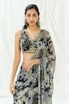 Buy_Redpine Designs_Black Viscose Georgette Sequins V-neck Printed Pre-draped Saree With Blouse _Online_at_Aza_Fashions