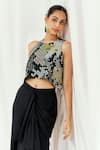 Redpine Designs_Black Viscose, Crepe, Satin, Silk Cut Work, Printed Top And Draped Skirt Set _Online_at_Aza_Fashions