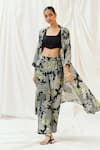 Redpine Designs_Black Viscose, Silk Embroidery Open , Square Printed Jacket Pant Set _at_Aza_Fashions