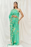 Buy_Redpine Designs_Turquoise Viscose, Crepe Tassels One Shoulder Floral Print Kaftan _at_Aza_Fashions