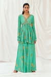 Redpine Designs_Turquoise Viscose, Crepe Sequins, Mirrors, Printed Peplum Kurta And Sharara Set _Online_at_Aza_Fashions