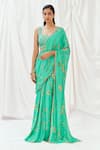 Buy_Redpine Designs_Turquoise Viscose, Crepe, Silk Embroidery, Printed Pre-draped Saree With Blouse _at_Aza_Fashions