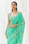 Shop_Redpine Designs_Turquoise Viscose, Crepe, Silk Embroidery, Printed Pre-draped Saree With Blouse _Online_at_Aza_Fashions