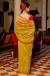 Shop_Nafs_Yellow Tissue Zari, Sequins V-neck Chartreuse Saree And Fuchsia Blouse Set _at_Aza_Fashions