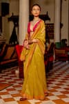 Nafs_Yellow Tissue Zari, Sequins V-neck Chartreuse Saree And Fuchsia Blouse Set _Online_at_Aza_Fashions