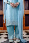 Nafs_Sky Blue Tussar, Silk, Bemberg, Satin, Chiffon Embroidery Keyhole Neck Kurta Set _Online_at_Aza_Fashions