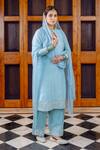 Shop_Nafs_Sky Blue Tussar, Silk, Bemberg, Satin, Chiffon Embroidery Keyhole Neck Kurta Set _at_Aza_Fashions