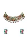 Shop_Tad Accessories_Red Faux Diamonds, Gemstones Antique Silver Finish Imitation Polki Set _at_Aza_Fashions