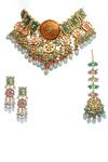 Shop_Tad Accessories_Green Crystals Gold Finish Imitation Kundan Necklace Set _at_Aza_Fashions