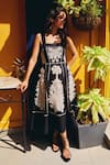 Buy_RANNA GILL_Black Viscose, Linen Embroidery Square Neck Amara Midi Dress _at_Aza_Fashions