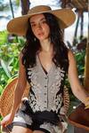 Buy_RANNA GILL_Black Viscose, Linen Embroidery V-neck Alina Waistcoat _at_Aza_Fashions