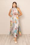 Shop_RANNA GILL_Multi Color Polyester, Satin Halter Neck Malaga Pleated Maxi Dress _Online_at_Aza_Fashions