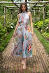 Buy_RANNA GILL_Multi Color Polyester, Satin Halter Neck Malaga Pleated Maxi Dress _at_Aza_Fashions