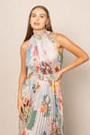 RANNA GILL_Multi Color Polyester, Satin Halter Neck Malaga Pleated Maxi Dress _at_Aza_Fashions