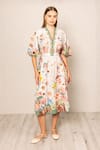 Buy_RANNA GILL_Viscose, Linen V-neck Capri Flared Sleeve Dress _at_Aza_Fashions