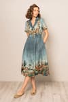 Buy_RANNA GILL_Teal Crepe Collared, Notched Neck Porto Midi Dress _at_Aza_Fashions