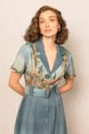 Buy_RANNA GILL_Teal Crepe Collared, Notched Neck Porto Midi Dress _Online_at_Aza_Fashions
