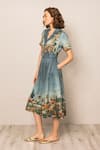 Shop_RANNA GILL_Teal Crepe Collared, Notched Neck Porto Midi Dress _Online_at_Aza_Fashions