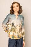 Buy_RANNA GILL_Teal Mandarin Collar Vilna Kimono Sleeve Blouse _at_Aza_Fashions