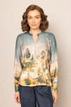 RANNA GILL_Teal Mandarin Collar Vilna Kimono Sleeve Blouse _Online_at_Aza_Fashions