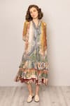 Buy_RANNA GILL_Multi Color Viscose Sequins V-neck Tula Gathered Midi Dress _Online_at_Aza_Fashions