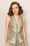 Shop_RANNA GILL_Green Polyester Embroidery V-neck Kai Top _at_Aza_Fashions