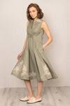 RANNA GILL_Green Polyester Embroidery Split V-neck Lima Sleeveless Midi Dress _Online_at_Aza_Fashions