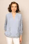 Buy_RANNA GILL_Blue Georgette Embroidery V-neck Stormi Blouse _at_Aza_Fashions