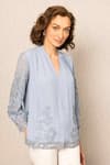 Buy_RANNA GILL_Blue Georgette Embroidery V-neck Stormi Blouse _Online_at_Aza_Fashions