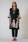 Buy_RANNA GILL_Black Viscose Embroidery V-neck Rob Tunic _at_Aza_Fashions