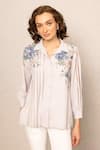 Buy_RANNA GILL_Gray Georgette Embroidery Collared Delia Blouse _at_Aza_Fashions