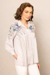 RANNA GILL_Gray Georgette Embroidery Collared Delia Blouse _Online_at_Aza_Fashions