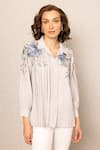 Buy_RANNA GILL_Gray Georgette Embroidery Collared Delia Blouse _Online_at_Aza_Fashions