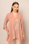 Buy_RANNA GILL_Peach Crepe Embroidery V-neck Mahi Blouse _at_Aza_Fashions