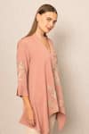 RANNA GILL_Peach Crepe Embroidery V-neck Mahi Blouse _Online_at_Aza_Fashions