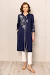 Buy_RANNA GILL_Navy Embroidery, Sequins Collared Jovia Floral Pattern Kurta And Pant Set _at_Aza_Fashions