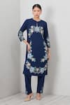 Buy_RANNA GILL_Navy Polyester Embroidery Round Neck Elowen Printed Kurta And Pant Set _at_Aza_Fashions