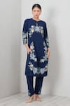 Buy_RANNA GILL_Navy Polyester Embroidery Round Neck Elowen Printed Kurta And Pant Set _Online_at_Aza_Fashions