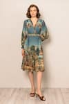 Buy_RANNA GILL_Multi Color Polyester, Chiffon V-neck Evora Pleated Dress _at_Aza_Fashions