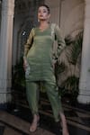 Buy_Farha Syed_Green Chiffon, Tissue Pearls, Sequins V-neck Embroidered Kurta And Tulip Pant Set _at_Aza_Fashions