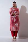 Buy_Vaani Beswal_Red Applique, Embroidery Round Neck Fable Chequered Kurta Set _at_Aza_Fashions