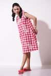 Shop_Vaani Beswal_Red Embroidery Round Neck Skye Chequered Dress _at_Aza_Fashions