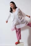 Buy_Vaani Beswal_White Embroidery V-neck Stealla Handwoven Cotton Set _at_Aza_Fashions