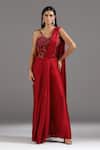 Buy_Two Sisters By Gyans_Red Georgette, Satin, Net Sequins, Cut Embellished Corset With Pre-draped Saree _at_Aza_Fashions