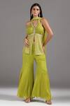 Buy_Two Sisters By Gyans_Green Georgette Sequins, Zari Halter Neck Embroidered Peplum Tunic And Sharara Set _at_Aza_Fashions