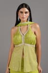 Shop_Two Sisters By Gyans_Green Georgette Sequins, Zari Halter Neck Embroidered Peplum Tunic And Sharara Set 
