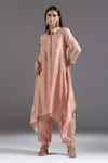 Buy_Two Sisters By Gyans_Peach Silk Embroidery Collared Asymmetric Kurta With Pant _Online_at_Aza_Fashions