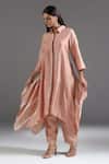 Two Sisters By Gyans_Peach Silk Embroidery Collared Asymmetric Kurta With Pant _at_Aza_Fashions